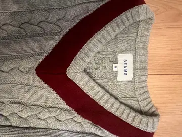 BEAMS 그레이 와인 레드 V넥 니트