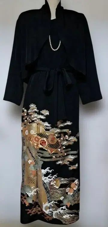 블랙 전통 예복 기모노 리메이크 볼레로 포함 롱 드레스 꽃무늬 자수