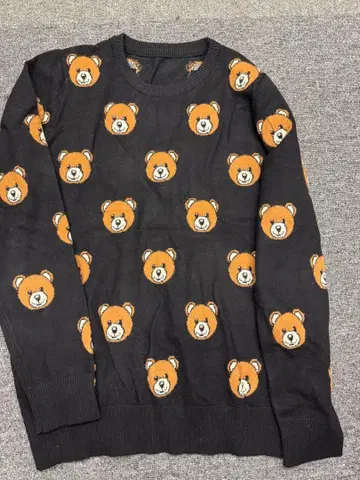 곰 패턴 니트 스웨터 긴팔 블랙