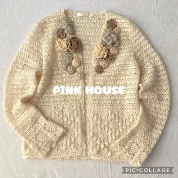 핑크하우스 모헤어 혼방 니트 가디건 꽃 자수 아이보리