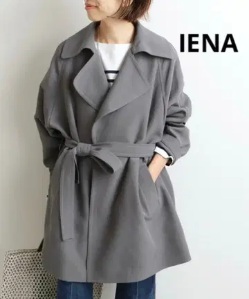 새상품급 IENA 아세테이트 코튼 숏코트 그레이 벨트 케이프 38