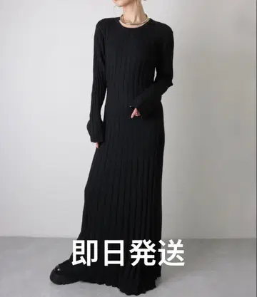 LAULEN 리브 니트 허리 리본 롱 원피스