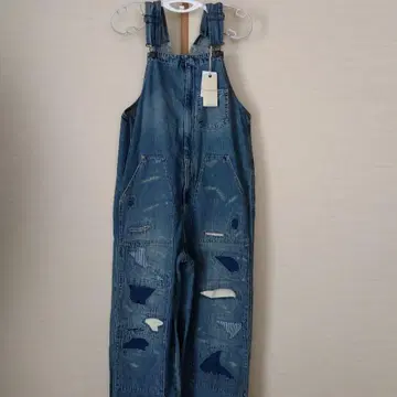 큐브 슈가 데님 블루 데미지 가공 오버롤 M