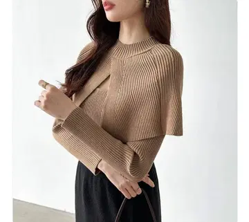 리브 편직 케이프 니트 브라운