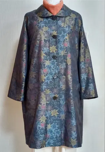 흙 염색 오시마 명주 둥근 카라 하프 코트 단풍 패턴 사이즈 2L~3L