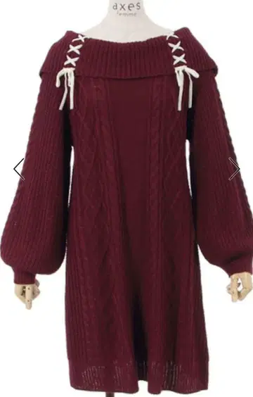 엑시즈팜 W 레이스업 니트 튜닉 케이블 뽕긋 소매 와인 레드