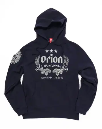 오리온 맥주 후드 부착 후드티 네이비