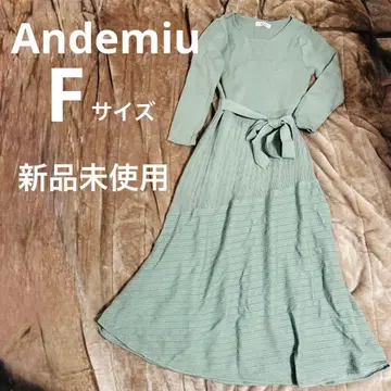 미사용 새상품 Andemiu 니트 원피스 롱 그린 겨울 리본 택