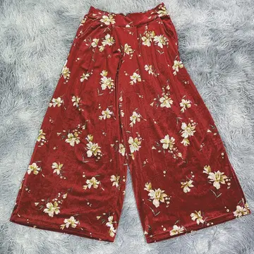 l'espoir [ M ] 와이드 팬츠 벨벳 꽃무늬 와인 레드 가을/겨울