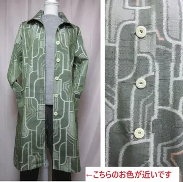 기모노 리메이크  실크 그린 계열 기하학 패턴 튜닉 코트 안감 없음