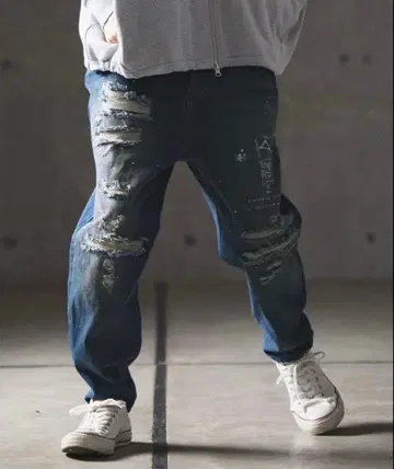 GLIMCLAP 벌룬 데님 팬츠 남성용 데미지 페인트 데님