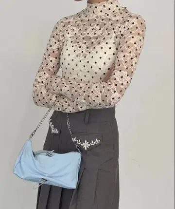 POPPY 도트 레이스 시스루 탑 하이넥