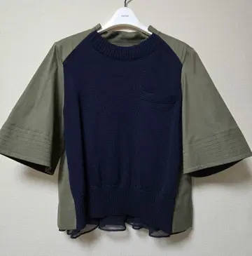 sacai 사카이 이소재 니트 스웨터 플리츠 네이비 x 카키