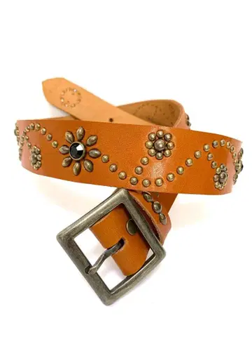 도치기 가죽 플라워형 스터드 벨트 브라운 (블랙 스포츠) 빈티지 타입