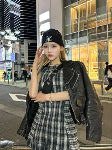 다리치 체크 콤비 미니 원피스 네이비 타이트 슬리브리스 기모