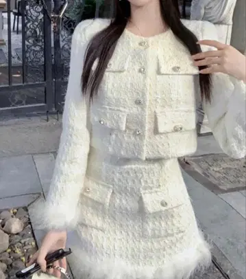 페더 트위드 자켓 인팬트 안감 부착 스커트 셋업 pm634