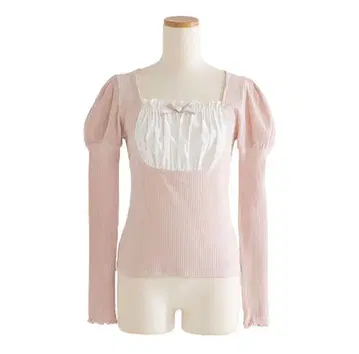 요크 프릴 리본 퍼프 소매 컷 상의 유메텐보 핑크 베이지