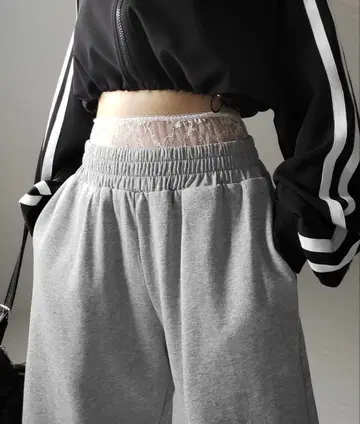 me me select 허리 레이스 도킹 와이드 스웨트 팬츠 그레이
