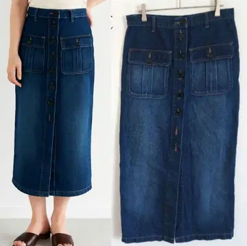 마차트 데님 롱 타이트 스커트 앞 슬릿 프론트 버튼 면 100%