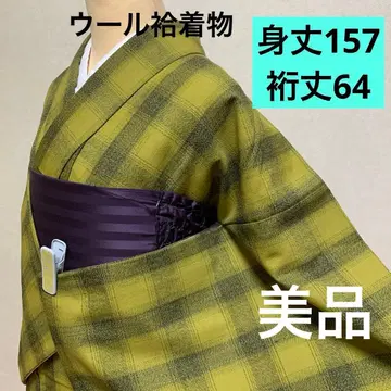 울 기모노 이중 기모노 겨자색 그레이 체크 반짝이
