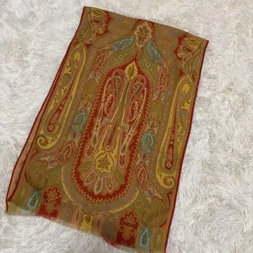 에트로 울 실크 머플러 스카프 페이즐리 패턴 오렌지 베이지 계열