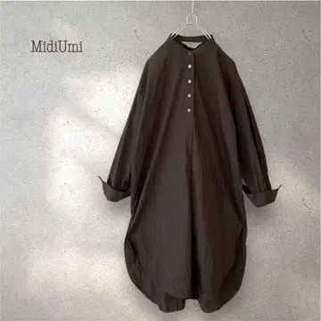 MidiUmi 밴드 카라 셔츠 원피스 롱 코튼 브라운
