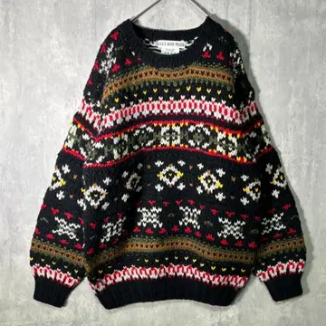 귀여운 오버 사이즈 핸드 니트 자카드 올 패턴 블랙 멀티 컬러 울