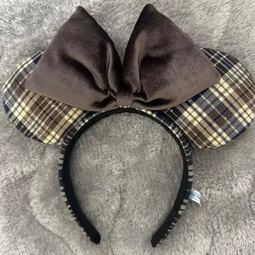 디즈니 미니 리본 체크 무늬 머리띠 브라운