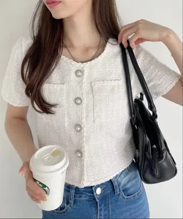 [택 포함 새상품] Ada. 반팔 트위드 숏 기장 자켓 L 사이즈