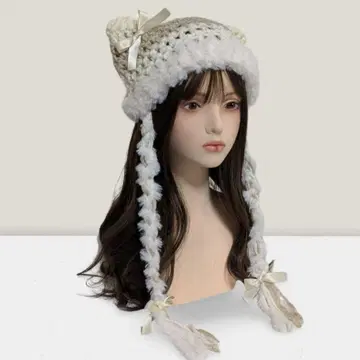 리본 달린 핸드메이드 고양이 귀 니트 모자 y2k 그런지 베이지 화이트