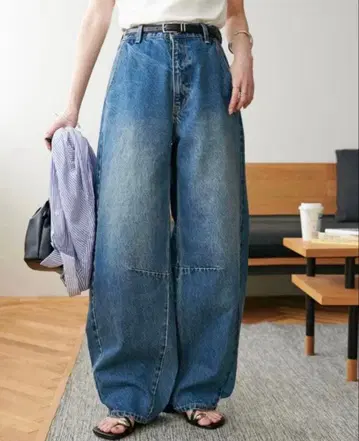 DISCOAT 빈티지 가공 데님 커브 팬츠 M 블루