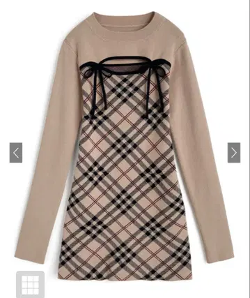 체크 무늬 프론트 오픈 리본 니트 미니 원피스[ru1372]