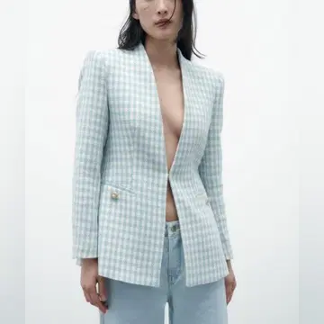 ZARA 스카이블루 하운드투스 체크 패턴 자켓