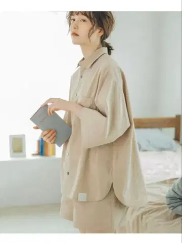 베이지 오버 사이즈 셔츠 셋업 면 100%