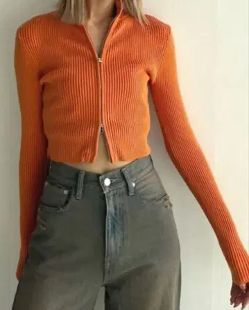 EMODA 플레팅 리브 지퍼 니트 오렌지 리브 하이넥 상의