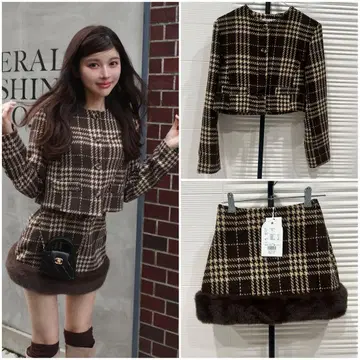 Darich 자켓 도킹 퍼 트위드 미니 스커트 S 셋업