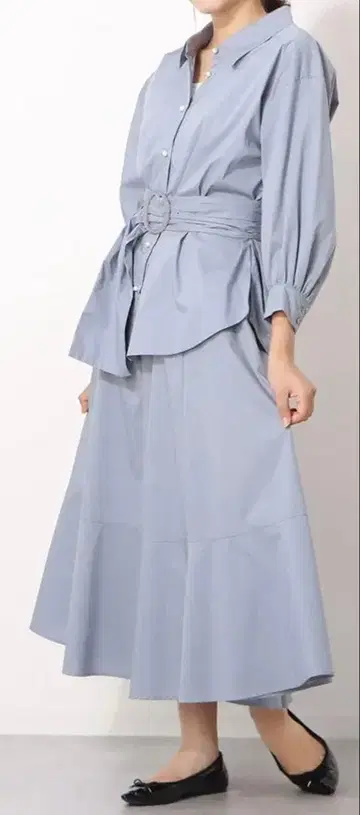 JUSGLITTY 그레이 긴팔 셔츠 롱 스커트 셋업