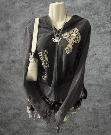 블랙 로자리오 디자인 후드티 y2k 레이스업 십자가 스컬 해골