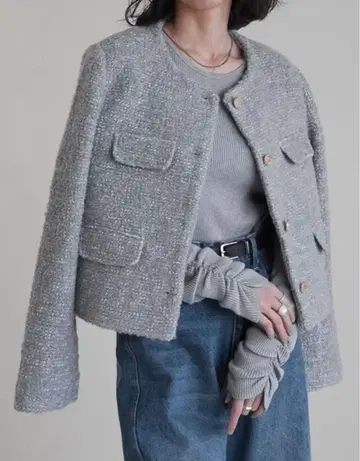 리디 보아 리본 금장 버튼 노카라 트위드 자켓 자켓 골드 버튼