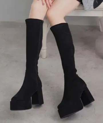 스퀘어토 통굽 플랫폼 스트레치 롱 부츠 블랙 스웨이드 느낌 Ver.