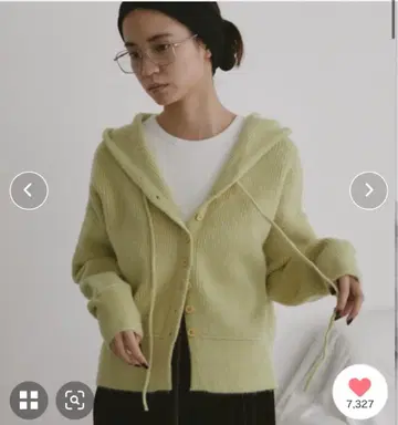 duei 라임색 후드 부착 후디니 니트 가디건