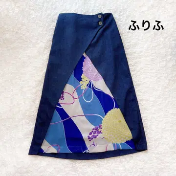 후리후 일본풍 패턴 변형 스커트 일본제 엘레강트 일본 의류 디자인 네이비