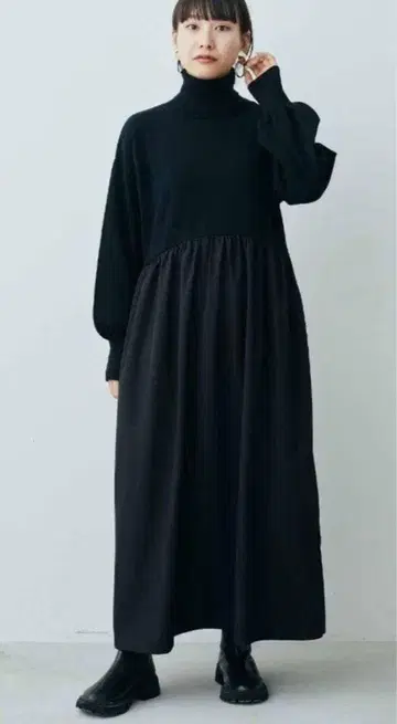 니트 MEDE19F 이소재 도킹 터틀넥 원피스 롱 원피스