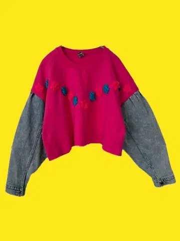 구제 의류 리메이크 맨투맨 데님 소매 크롭 기장