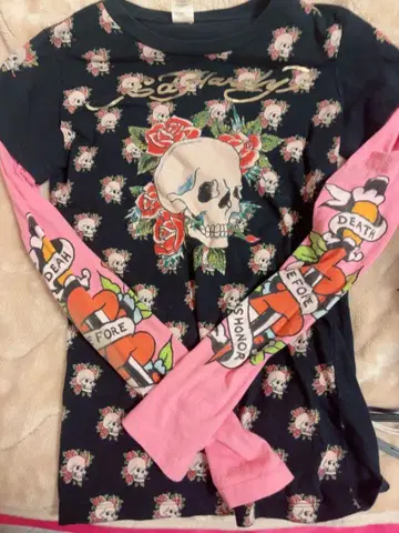 스컬과 장미 디자인 긴팔 T셔츠 M