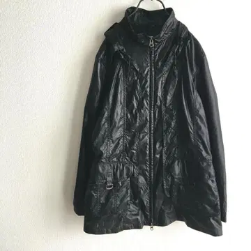 블랙 후드 부착 집업 자켓 더블 지퍼 나일론 자켓