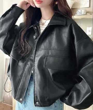 [ 새상품급 ] 2WAY 컬러 숏 기장 인조 가죽 블루종 블랙 L 사이즈