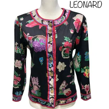 LEONARD FASHON 가디건 꽃무늬 천사 코튼 골드 버튼 M