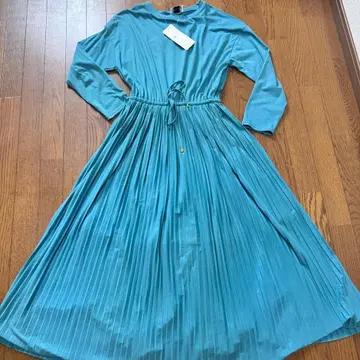 [ HUG+U ] M 사이즈 그린 블루 플리츠 셔츠 원피스 롱