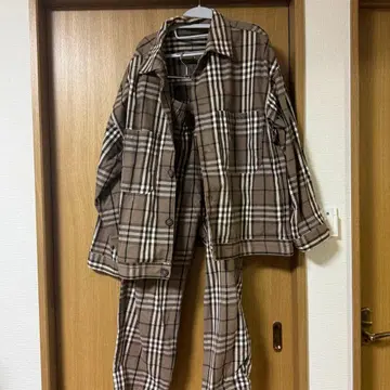 브라운 계열 체크 플란넬 셔츠 셋업